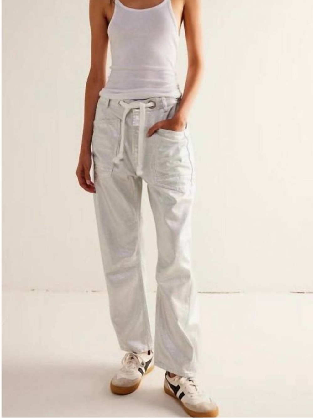 We The Free FREE PEOPLE moxie metallic low slung barrel jeans in silver